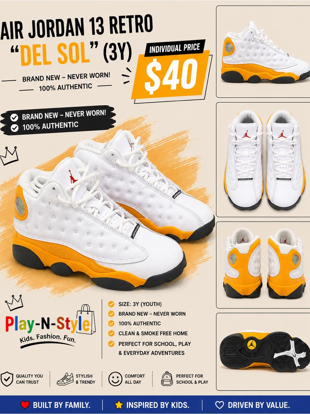 Jordan Kids Sneakers in White and Yellow - Air Jordan 13 Style